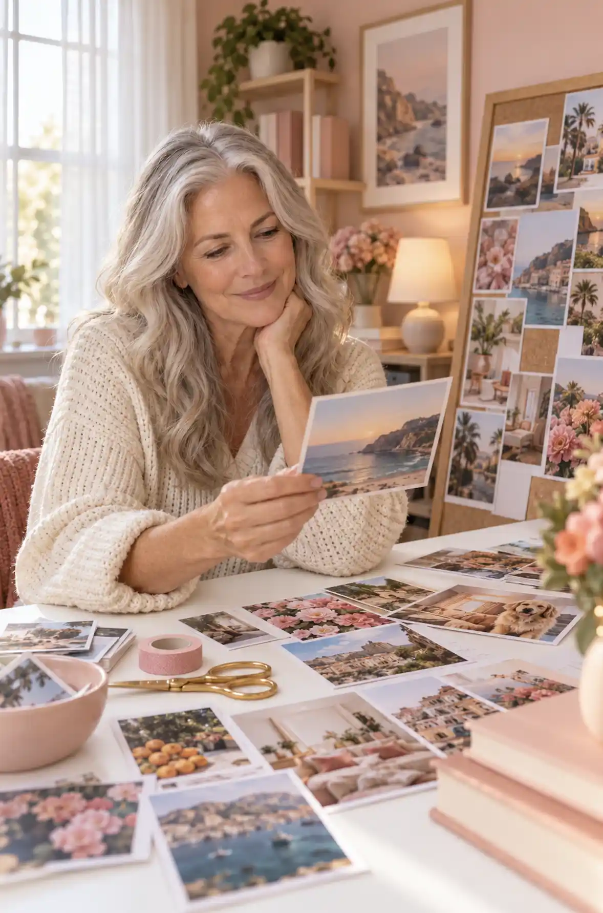 a woman choosing images for her vision board