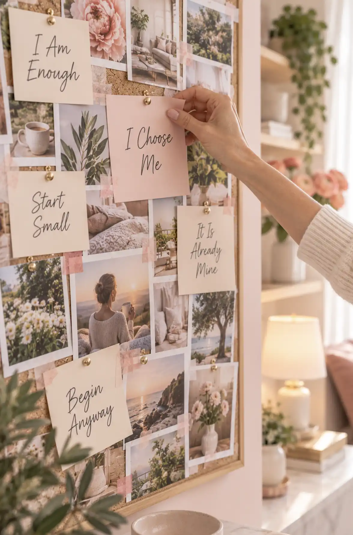 a vision board with affirmation cards and motivational quotes