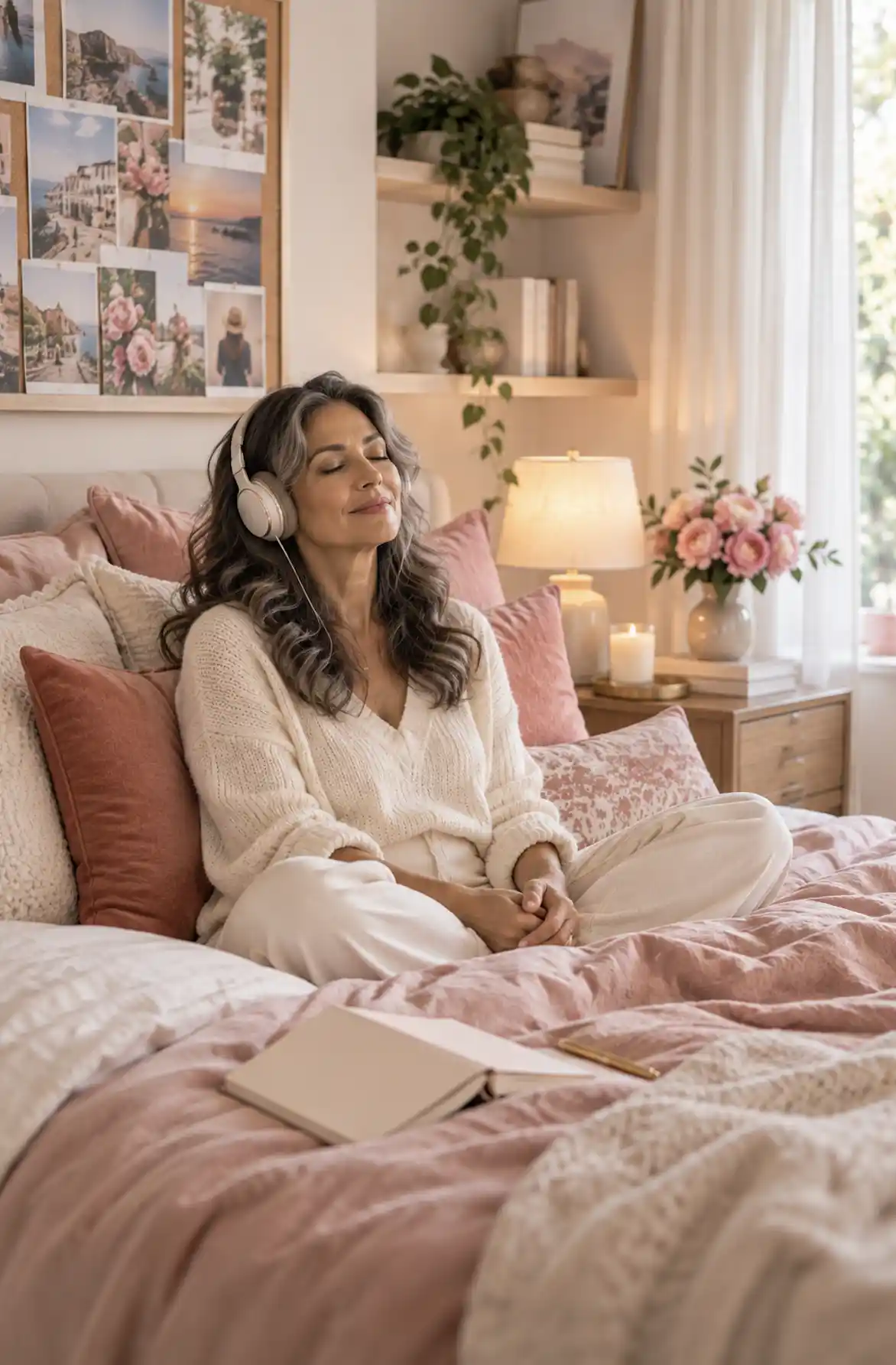 a woman on her bed listening to guided affirmations, next to her a manifestation journal and in the back on the wall a vision board