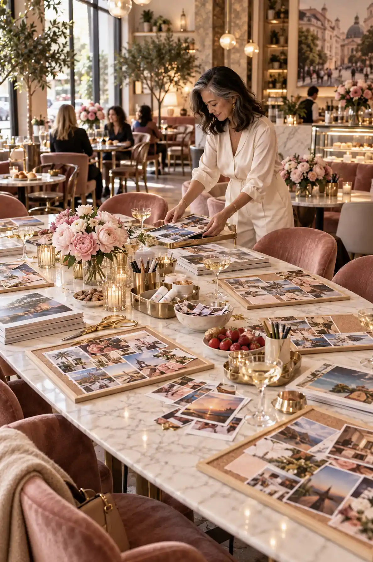 a woman perparing a vision board party in a bar