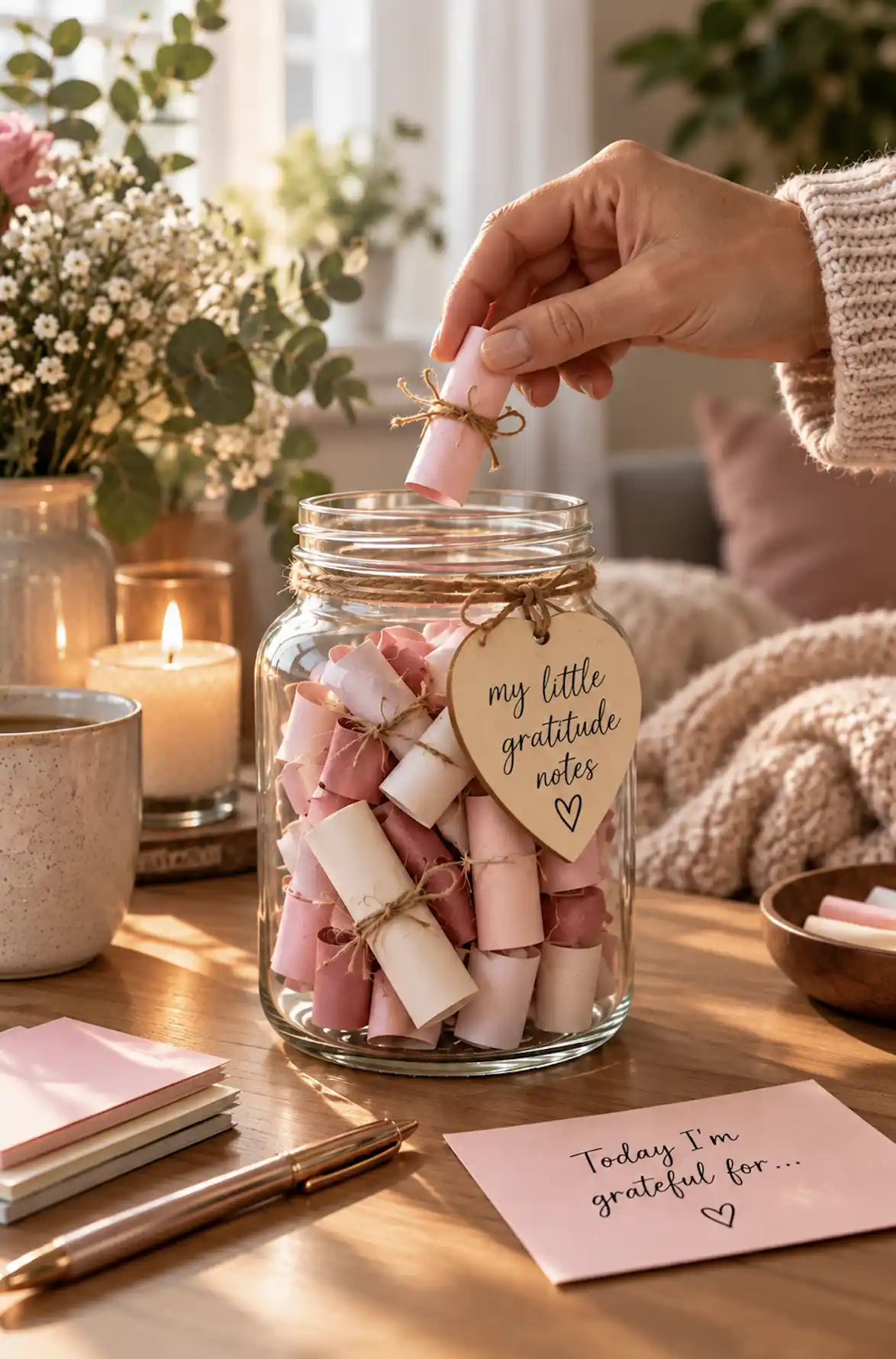 a woman adding daily gratitude notes to her gratitude jar
