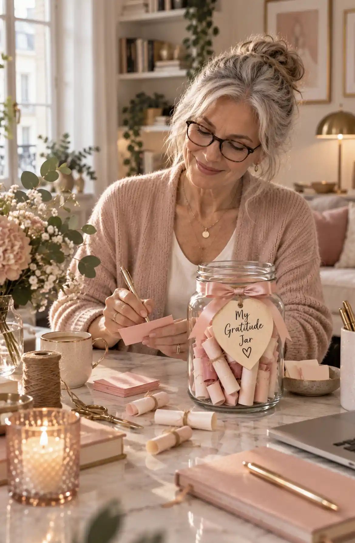 a woman creating a gratitude jar for her manifestations