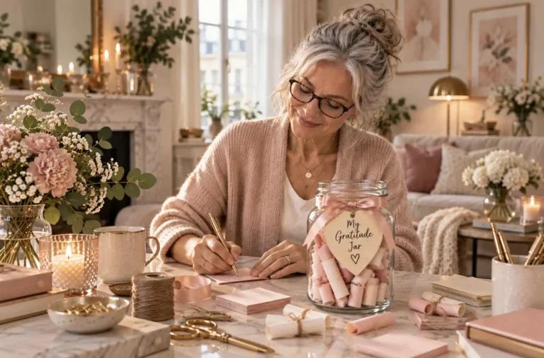 a woman creating a gratitude jar for her manifestations