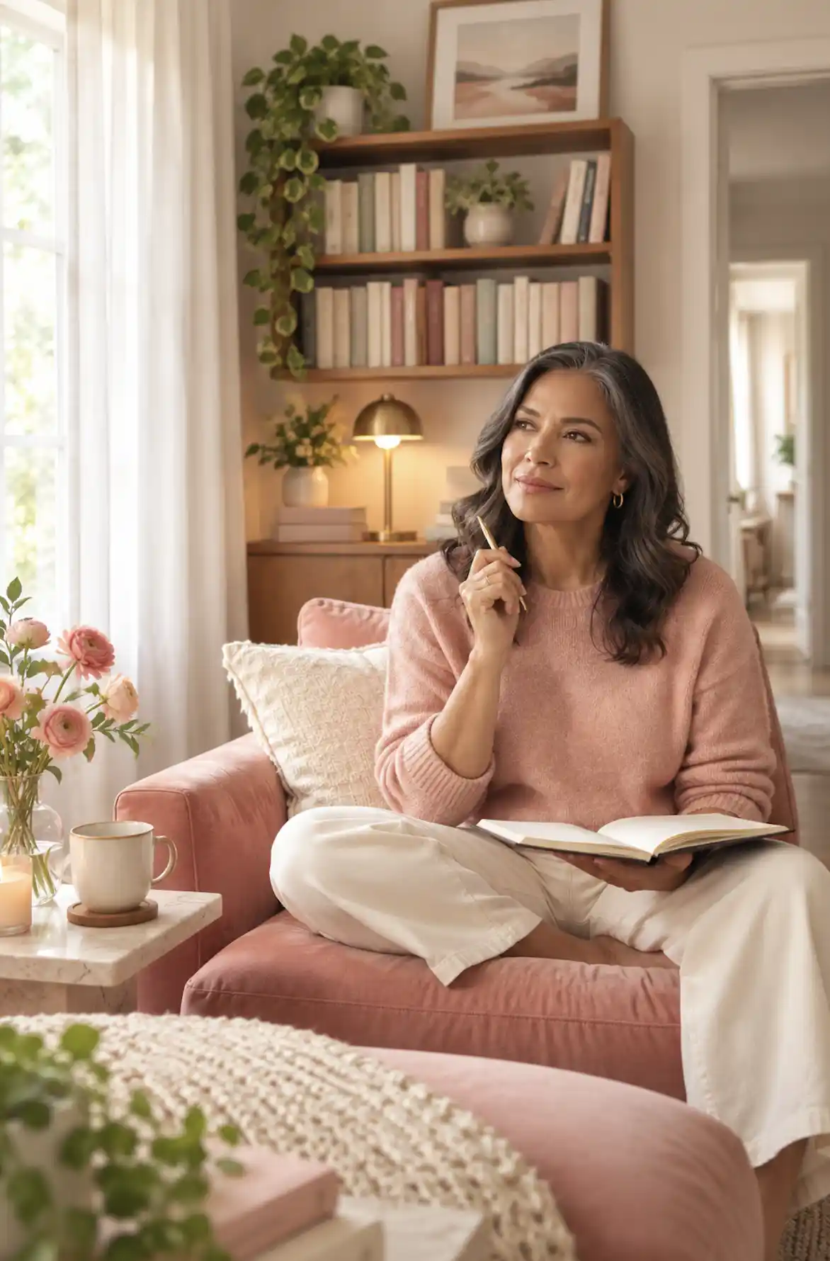 a woman reflecting on her dream job she wants to manifest