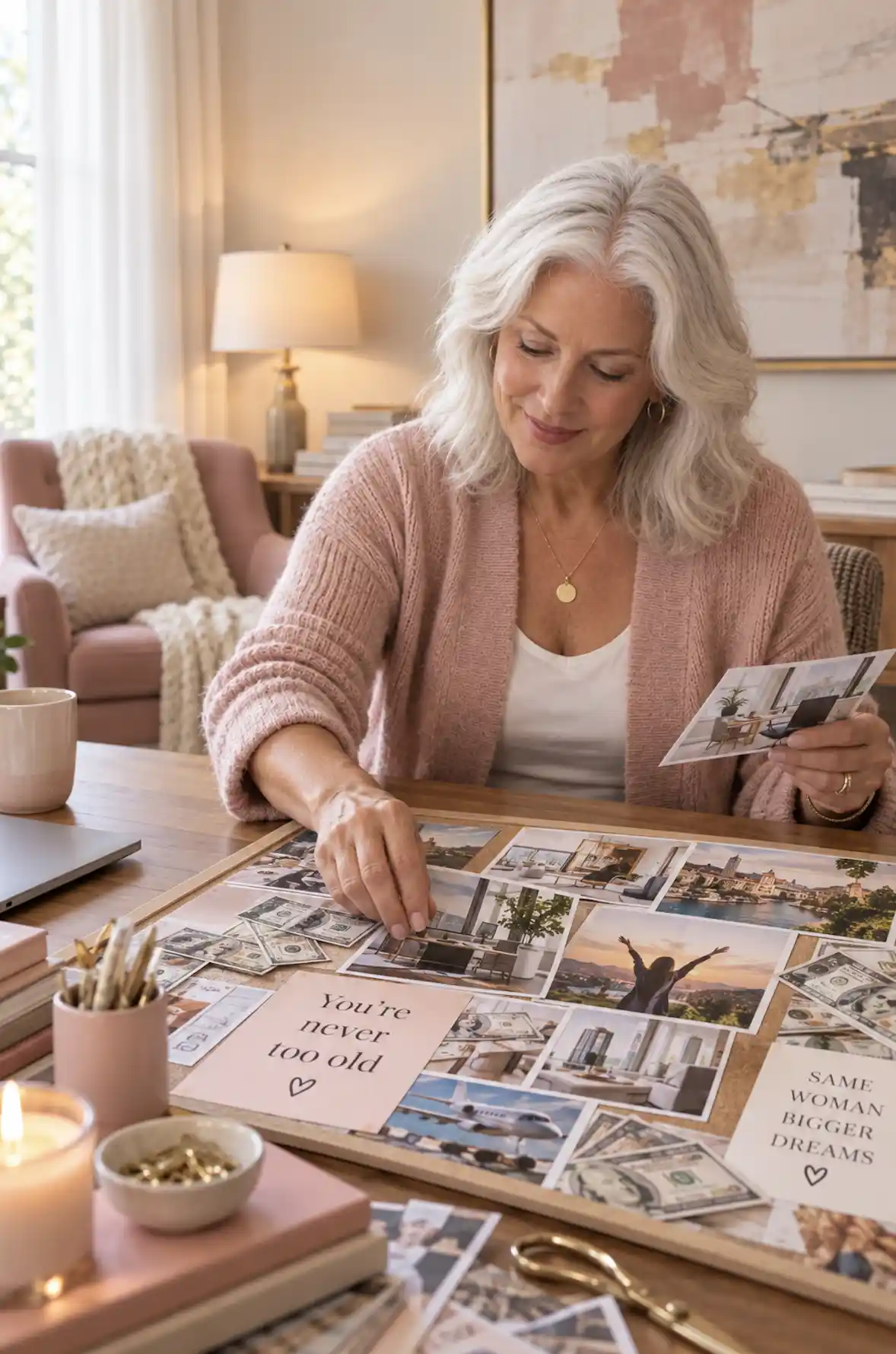 a woman creating her job manifestation vision board