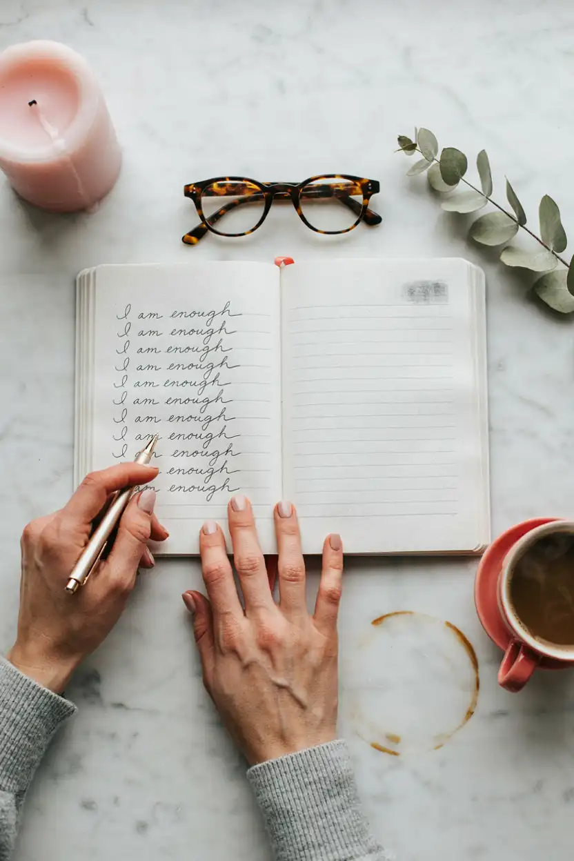 a woman doing the 55x5 method in her manifestation journal
