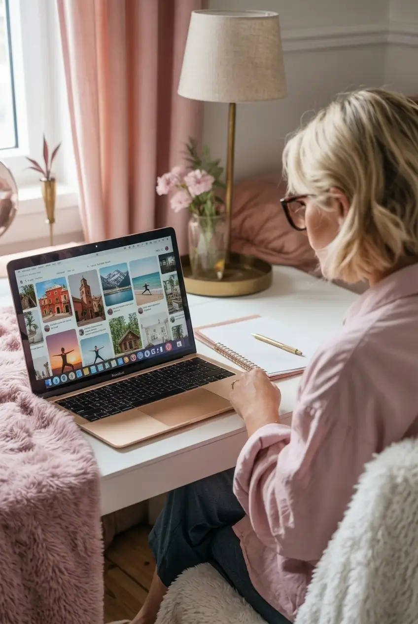 a woman creating a pinterest vision board